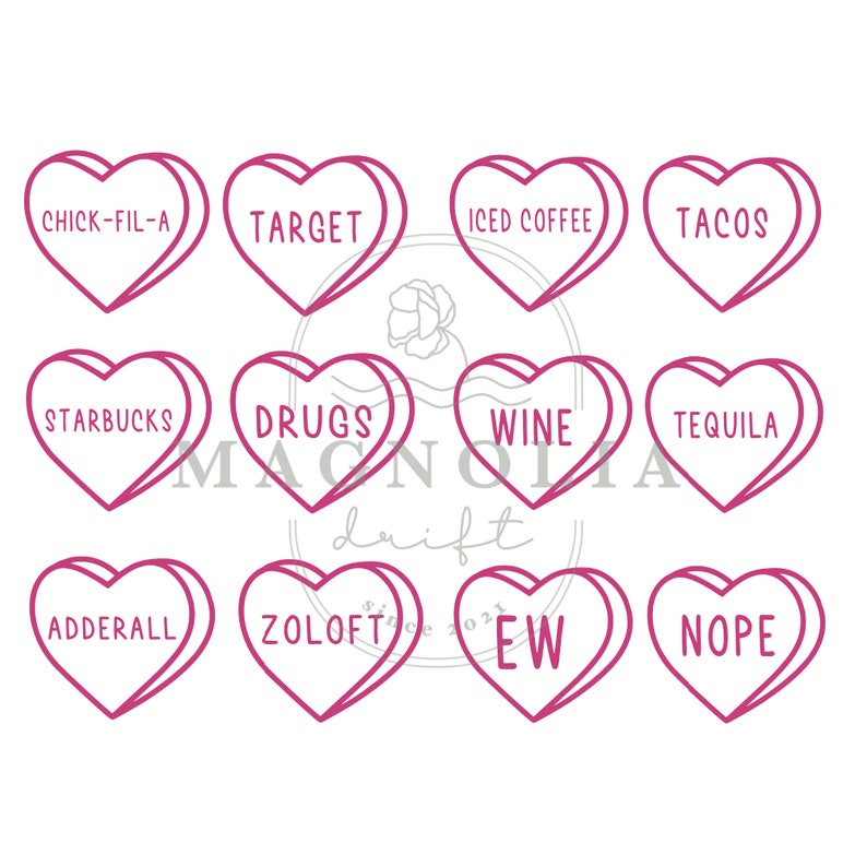Puede incluir: Un conjunto de doce pegatinas en forma de coraz&oacute;n de caramelo rosa con varias frases impresas en ellas, incluyendo "Chick-Fil-A", "Target", "Iced Coffee", "Tacos", "Starbucks", "Drugs", "Wine", "Tequila", "Adderall", "Zoloft", "Ew", y "Nope".