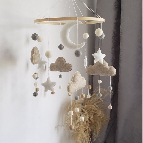 Clouds and moon crib mobile,neutral mobile,boho mobile,stars and moon crib mobile,nature nursery decor