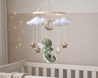 Green Dragon Nursery Mobile: Handmade Felt Fantasy Crib Decor