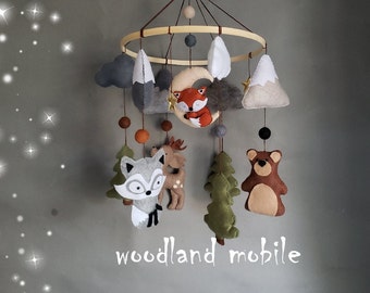 Wald Mobile für Baby,Waldmobile,Fuchs,Hirsch,Bär,Waschbär. Waldtiere Baby Mobile