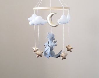 Dragon Nursery Mobile: Felt Fantasy Crib Mobile with Gold Stars
