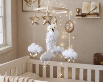 Wizard Baby Mobile: Snowy Owl, Gold Moon & Stars Nursery Decor
