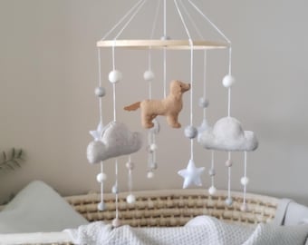 Golden Retriever Dog Mobile: Felt Ball Boho Nursery Decor.Baby mobile