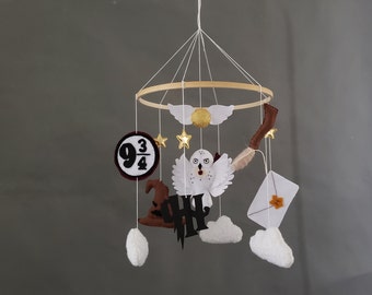 Wizard Baby Mobile: Handmade Felt Owl, Stars, Neutral Nursery Decor