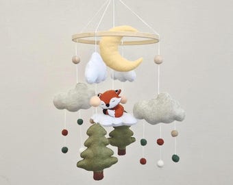 Felt Fox Mobile: Woodland Nursery Decor, Sleeping Fox & Moon,