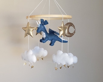 Felt Dragon Nursery Mobile, Gold Stars & Moon, Fantasy Crib Decor.