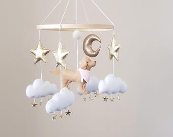 Golden Retriever Baby Mobile: Neutral Nursery Decor with Gold Stars