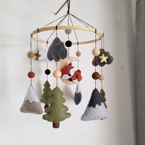 Woodland Crib Mobile: Sleeping Fox, Moon, Stars, Felt Nursery Decor