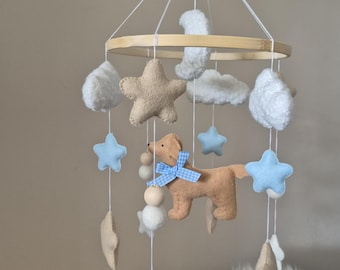 Felt Golden Retriever Dog Mobile: Boho Nursery Decor, Stars & Moon