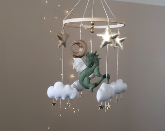 Sage Green Dragon Nursery Mobile: Handmade Felt Baby Crib Decoration