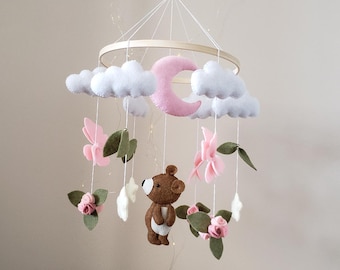 Flowers Bear Baby Mobile: Handmade Woodland Nursery Decor