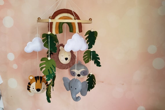 Boho Jungle Nursery Mobile: Safari Animals, Felt Leaves