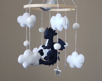 Navy Blue Dragon Nursery Mobile: Handmade Fantasy Decor