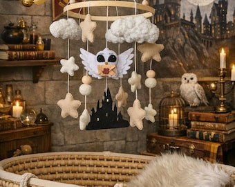 Wizard Baby Mobile: Handmade Nursery Decor ,stars,moon,snowing owl.