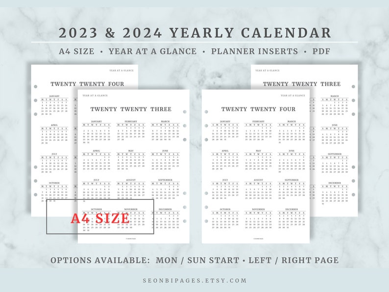 20232024 Yearly Calendar Printable, A4 Size, Monday & Sunday Start, by