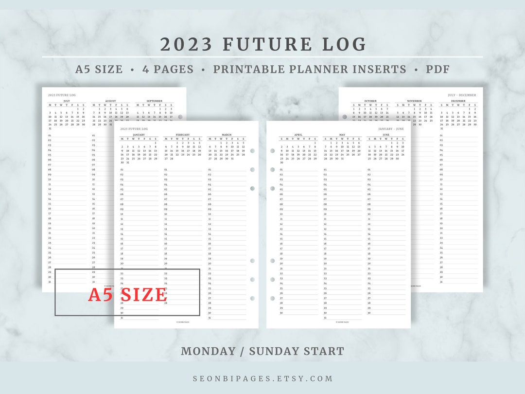 2023 Future Log Printable A5 Size Monday &amp; Sunday Start 4 - Etsy