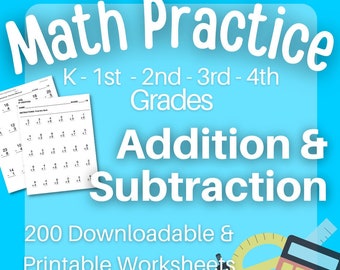 ¡Megapaquete! K - Práctica de suma y resta de 4.º grado, 200 hojas de trabajo imprimibles y descargables, Matemáticas de primaria, K 1.º 2.º 3.º 4.º
