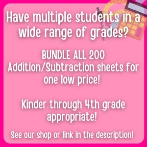 Puede incluir: Fondo rosa con texto blanco que dice "&iquest;Tienes varios estudiantes en una amplia gama de grados? &iexcl;PAQUETE DE 200 hojas de suma/resta por un precio bajo! &iexcl;Adecuado para ni&ntilde;os de jard&iacute;n de infantes a 4to grado! &iexcl;Visita nuestra tienda o el enlace en la descripci&oacute;n!" Una calculadora y un transportador est&aacute;n en la esquina superior derecha de la imagen.