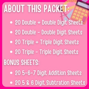 Puede incluir: Fondo rosa con texto blanco que describe el contenido de un paquete de hojas de trabajo de matem&aacute;ticas. El paquete incluye 20 hojas de trabajo de suma y resta de dos d&iacute;gitos, 20 hojas de trabajo de suma y resta de tres d&iacute;gitos, 20 hojas de trabajo de suma de cinco, seis y siete d&iacute;gitos y 20 hojas de trabajo de resta de cinco y seis d&iacute;gitos.