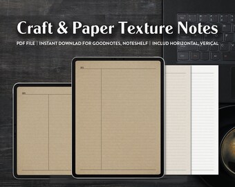 May include: Two digital notepads with lined paper, one with a brown paper texture and the other with a white paper texture. The notepads are on a dark wood surface. The text "Craft & Paper Texture Notes" is at the top of the image.