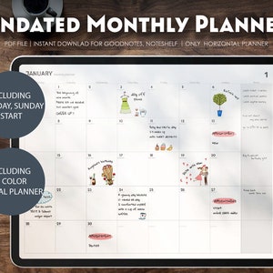 May include: A digital planner template for Goodnotes and Noteshelf. The template is undated and includes a monthly calendar with space for notes and appointments. The calendar is designed to start on Monday and includes a section for appointments. The template is available in five colors.