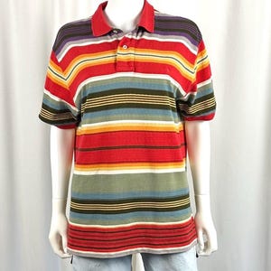 Vintage 1990’s 2000’s Men’s ‘Polo by Ralph Lauren’ Striped Red Purple + Teal Rib Knit Polo Tee Shirt • Collared • Buttons • Short Sleeve • M