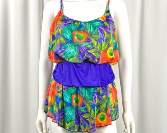 Vintage 80er Jahre Blumen Print Badeanzug • Sun Streak, L