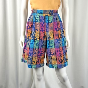 Vintage 2000’s ‘KZK’ Cotton Sunflower Polka Dot Rainbow Striped Relaxed Fit Bermuda Floral Shorts • High Rise • Elastic Waist • Y2K • XS