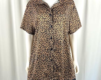 Blusa vintage Y2K con estampado de guepardo • Manga corta, cuello (XL)