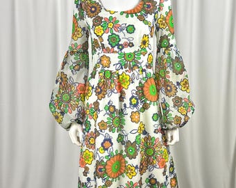 1960s Floral Chiffon Maxi Dress • Vintage Peasant Gown, Size S