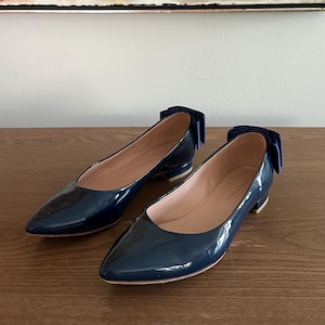 Fabio Rusconi Navy Blue Patent Leather Ballet  Flats with Satin Bow on Heel • Pointed Toe • Dress Shoes • Made in Italy • Women’s Size 39
