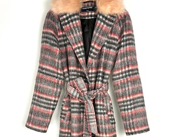 Covent Garden London Plaid Wool Blend Long Belted Coat in Pink and Black Check with Faux Fur Collar • Snap Front • Flamingo Pink • S/M