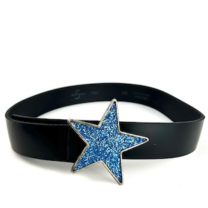 Vintage 1990’s 2000’s Y2K Light Blue Glitter Oversized Star Buckle with Black Faux Leather Belt • Silver • Suzi Shier • Made in Canada • S/M