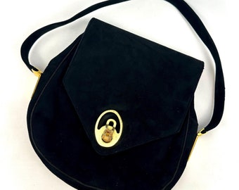 Vintage 1950’s 1960’s ‘Andrew Geller Bags Designed by Nicholas Reich’ Black Suede Space Age Small Clutch Handle Handbag • Gold Hardware