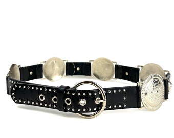 Vintage 1990’s 2000’s ‘Mudd’ Y2K Leather and Metal Silver Medallions Statement Black Belt • Western Cowboy • Biker • Studs • Hardware • M/L