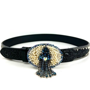 Vintage Custom Rodeo Western Black & White Cowhide Belt with Blue Rhinestone Crystal and Pearl Embellished Round Pewter Buckle • Hand Tooled