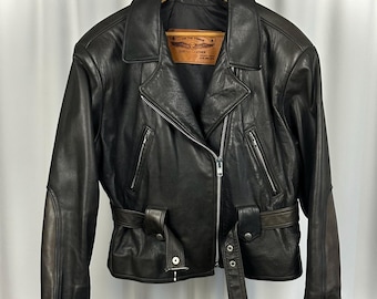 Vintage Black Leather Biker Jacket • Belted Waist, Silver Hardware, Roses (M)