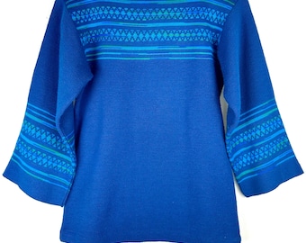 Vintage 1960’s Square Boat Neck Tunic Sweater Top in Deep Ocean Blue • Striped Print Details • 3/4 Length Bell Sleeve • Mid Century • S/M