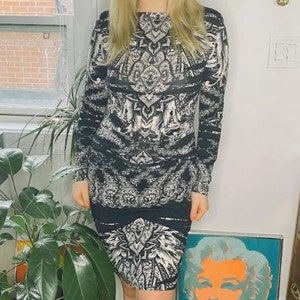 nicole miller black and white dress Shelisa Slouchy Mini Dress in Black , One Shoulder , Long Sleeve