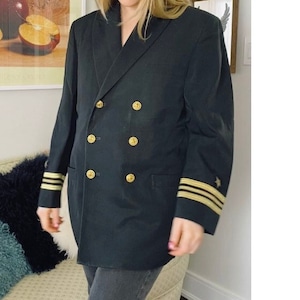 Vintage Mid Century Military Doctor Suit Jacket • Gold Eagle and Anchor Original Buttons • Star Patch • Gold Ribbon Cuffs •