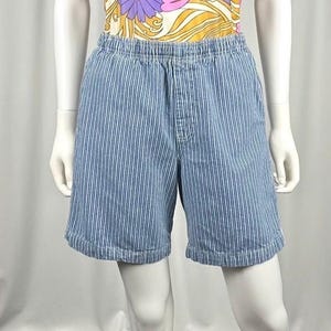 Vintage 1980’s 1990’s Blue + White Elastic Waist Pinstripe Denim Jean Shorts • High Rise • Mom Jeans • Mid Thigh Length • Drawstring • S