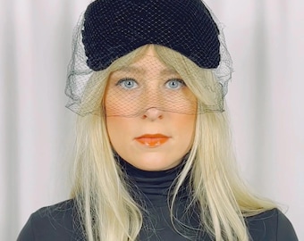 Vintage Lane Bryant Black Velvet Pillbox Hat With Net - Mid  display picture 1