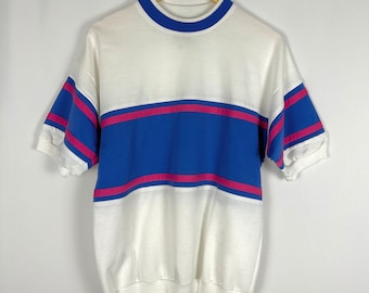 Vintage 1990’s Jordache Jersey Style Oversized Tee Shirt in White • Sleeve Stripes in Pink + Blue • Crewneck • Short Sleeved • 1980’s • Med