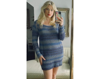 Free People Crochet Knitted Dress with Scoop  Neck in Blue Stripes - Size Medium
