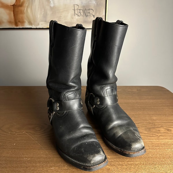 Vintage Boulet Black Leather Cowboy Biker Western Boots With Harness and Square Toe • Rubber Acid Resistant Sole • Size 9 • Made in Canada