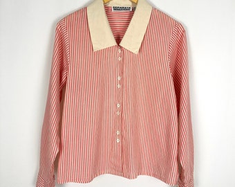 Vintage 1980’s ‘Separate Sensations’ Cotton Dress Shirt in Red + Beige Stripes • Oversized Collar • Long Sleeve Blouse • Candy Striper • M/L