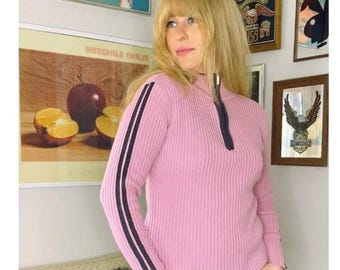 Roots 73 Half Zip Long Sleeved Sweater in Dusty Rose Pink with Charcoal Blue Trim • Racing Stripes on Sleeve • Collared • Size Small / Med