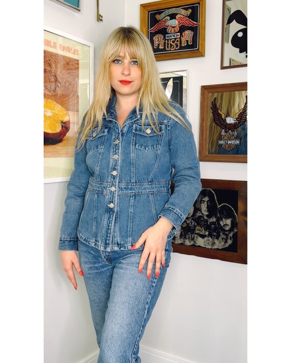 Vintage 1990s 2000s Blue Jean Jacket With Cinched Peplum Waist in