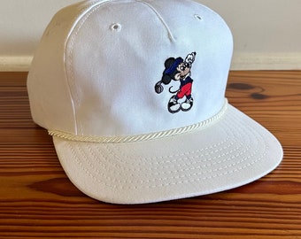 Vintage 80s - 90s Golfing Mickey Mouse Trucker Hat in White • Walt Disney by Texace • Adjustable Size • Leather • Rope Trim Detail • M/L