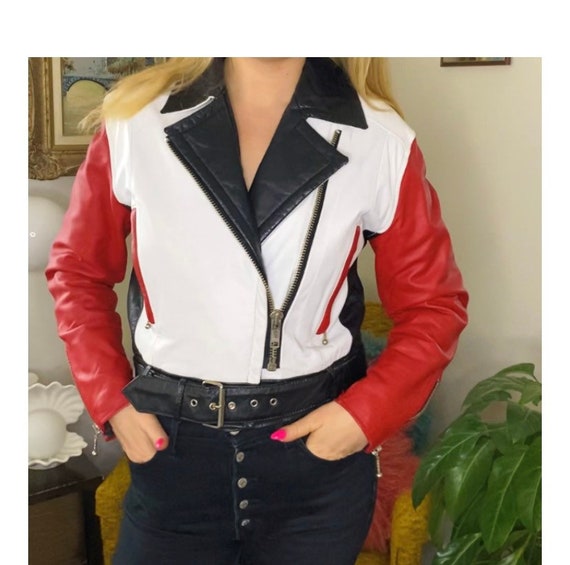Vintage Leather Cropped Biker Jacket in White Red Sleeves Black